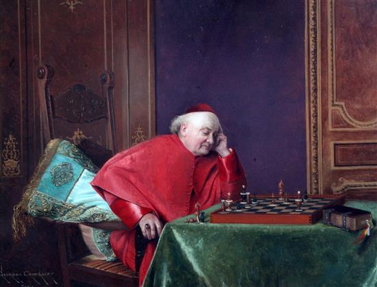 Georges Croegaert (1848-1923) Cardinals playing chess and reading a book 10 x 13.5in.